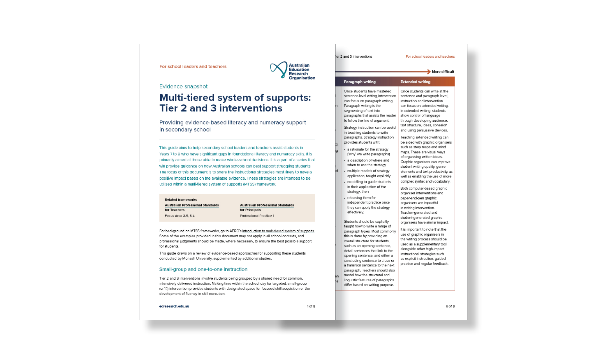 The cover and an example page of the evidence snapshot titled multi-tiered system of supports: tier 2 and 3 interventions
