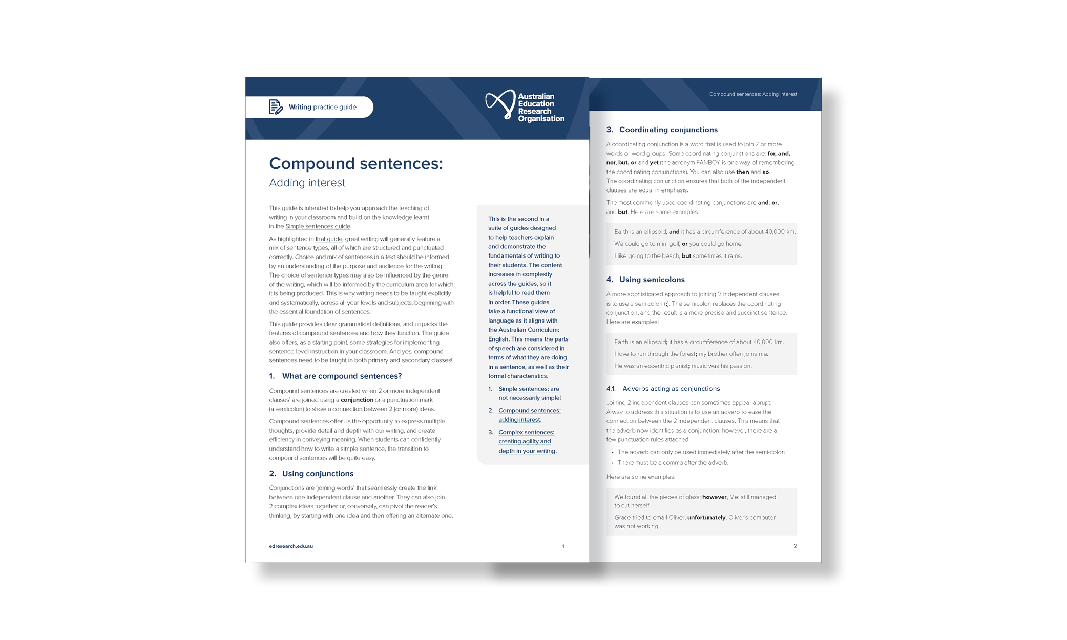 Pages from AERO's compound sentences practice guide