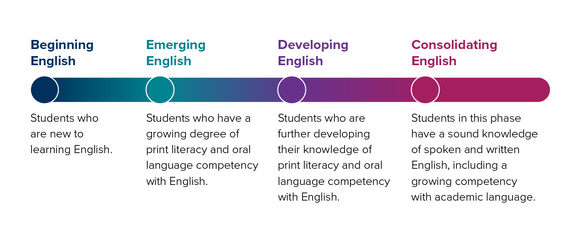 A diagram describing the English language proficiency of students at each of the four phases of EALD learning progression