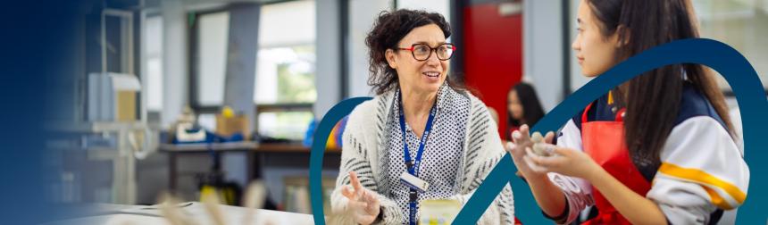 Stylised website banner with the AERO logo over a photo of an art class showing a female teacher and student talking while working with clay